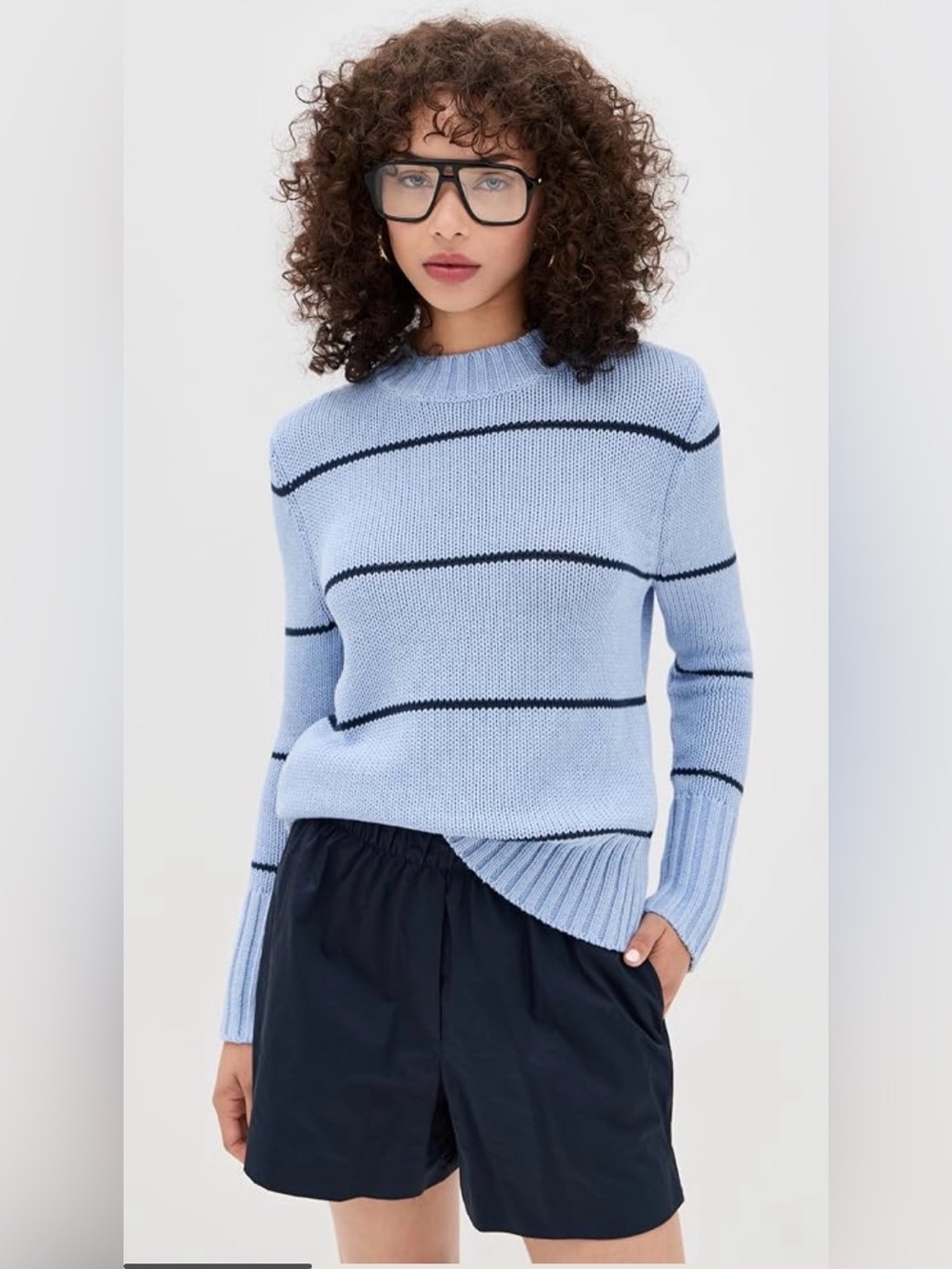 Kule The Tatum Blue Striped Cotton Popover Crewneck Sweater
